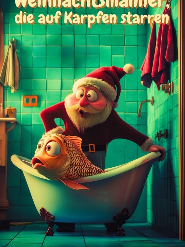 „Weihnachtsmänner, die auf Karpfen starren“ von Angelika&nbsp;Godau